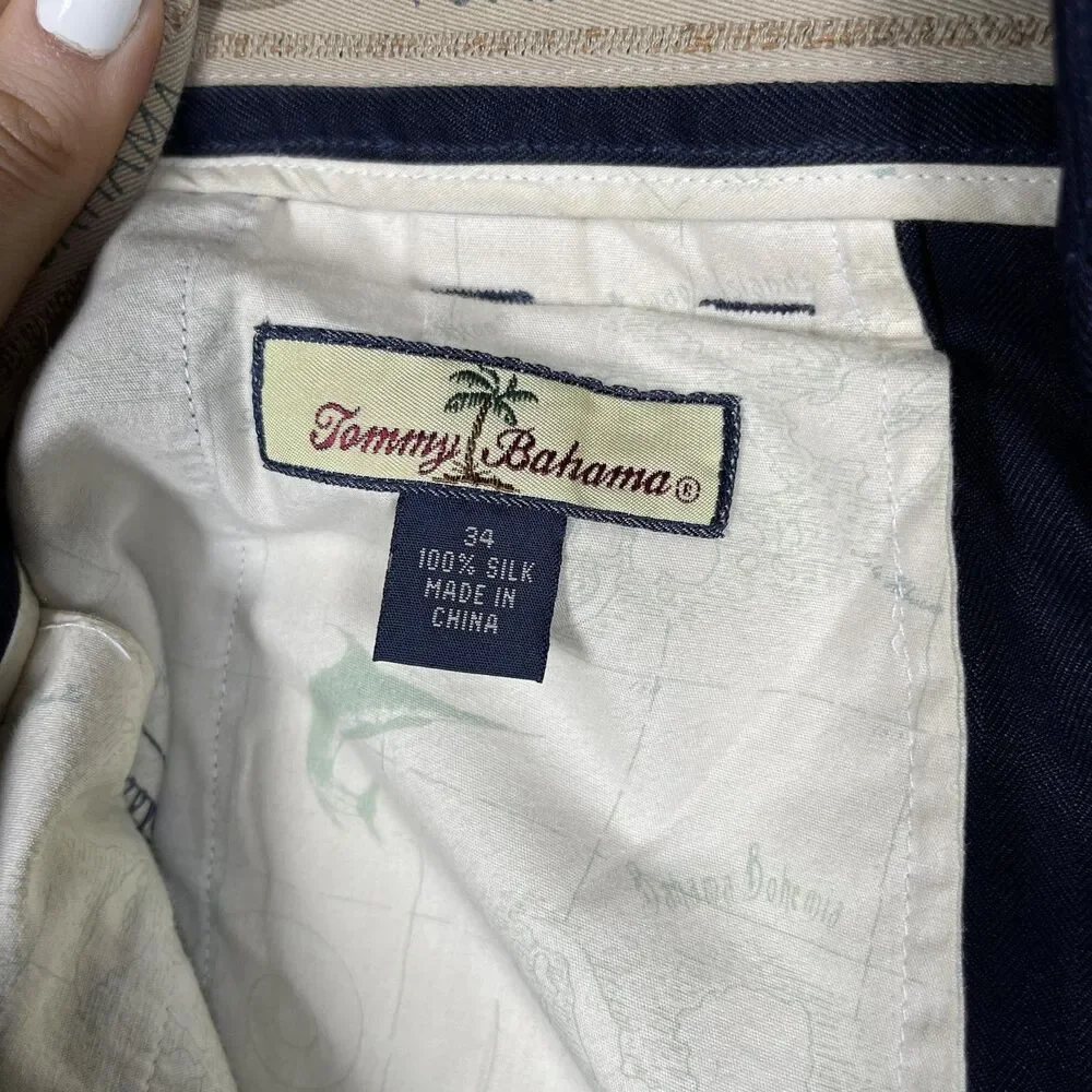 Tommy Bahama Dress Pants Mens 34 (32x28) Blue Silk Satin Pleated Relaxed Cuffed